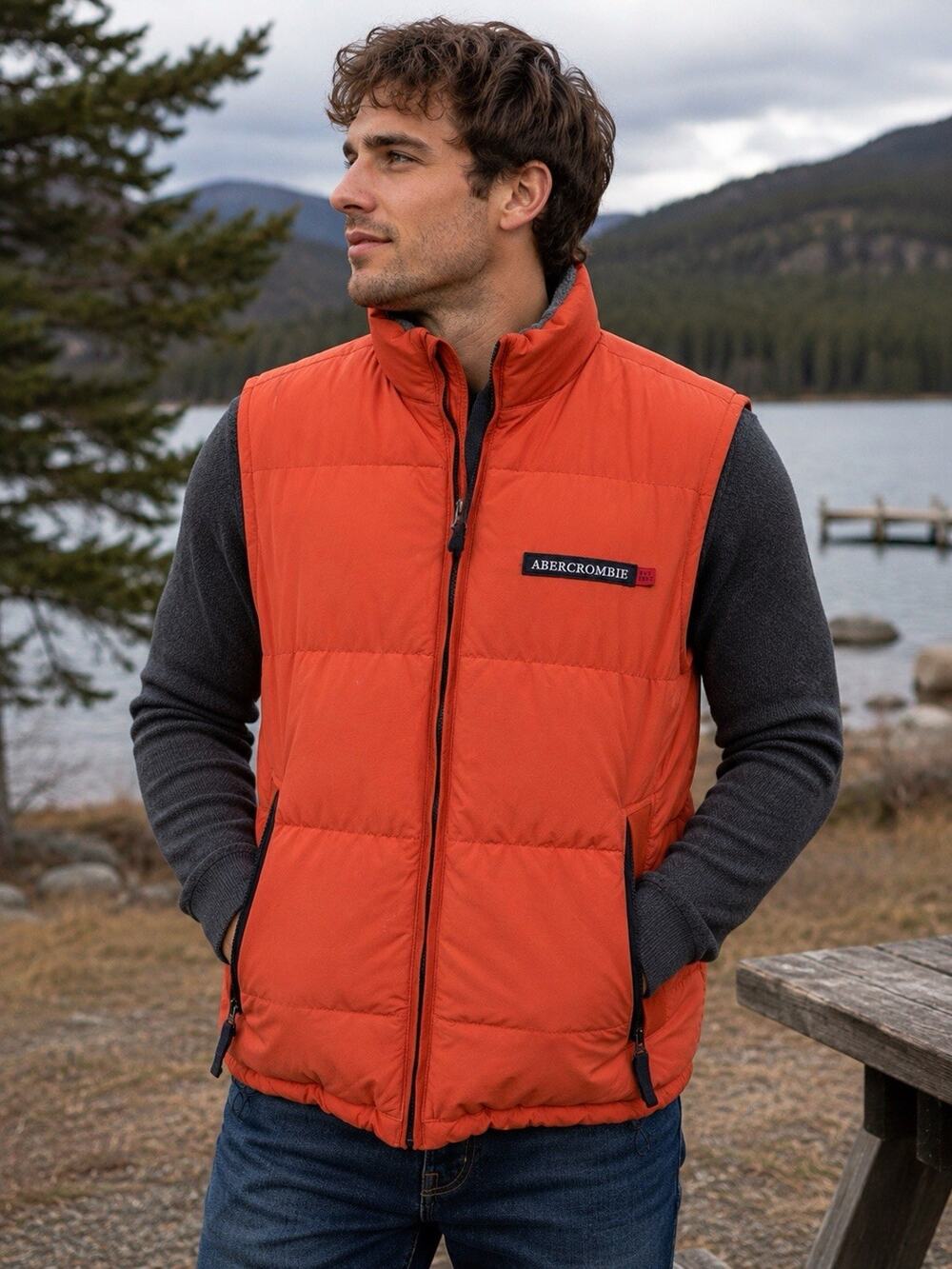 Abercrombie & Fitch Men's Vintage Orange Vest Size Large Full Zip Insulated 90s